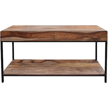 Rustic 2-Drawer Console Table with Shelf and Black Metal Legs