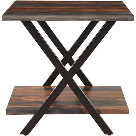 Rustic Industrial Solid Sheesham Wood Side Table with Iron Legs