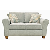 Customizable Transitional Loveseat with Rolled arms and Tapered Block Legs
