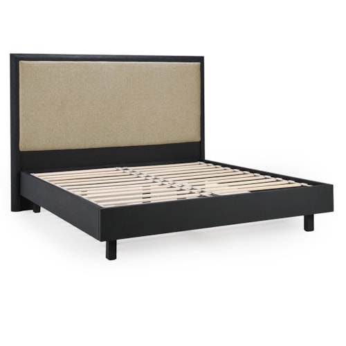 Transitional California King Upholstered Bed with Wood Leg