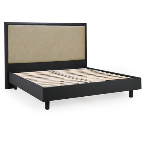 Transitional Queen Upholstered Bed with Wood Leg