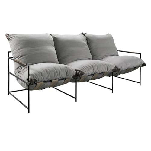 Rustic Upholstered Sofa with Metal Arms