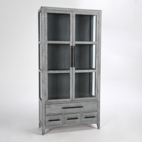 Rustic 3-Shelf Tall Cabinet with Glass Doors