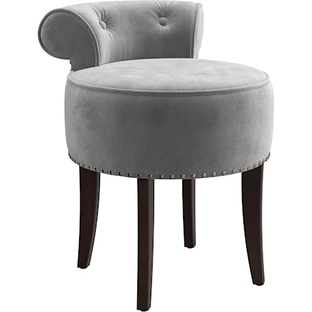 Wood and Upholstered Vanity Stool with Decorative Sleigh Back