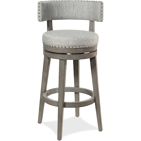 Wood and Upholstered Swivel Bar Height Stool with Curved Back