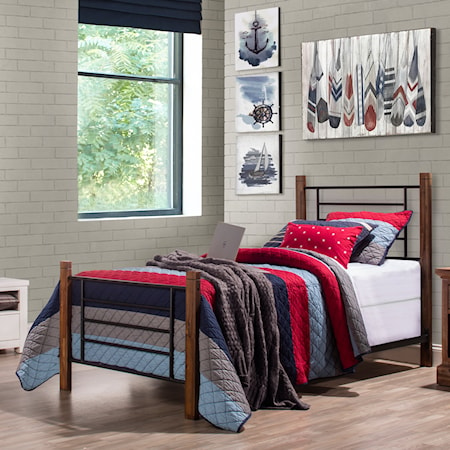 Raymond Metal Twin Bed with Horizontal and Vertical Design with Wood Posts