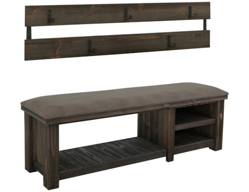 Farmhouse Coat Rack and Upholstered Bench with Metal Hooks