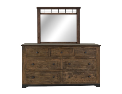 Rustic 7-Drawer Dresser and Mirror Set with Wrought Iron Base