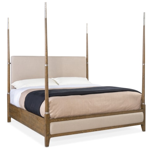 Casual California King Four Poster Bed with Upholstered Headboard