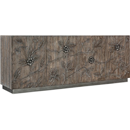 Transitional Four-Door Credenza TV Stand with Carved Flower Motif