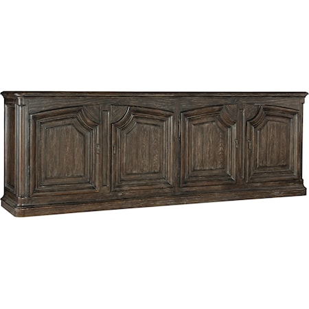 Traditional 4-Door Credenza with Wine Rack and Power Outlets