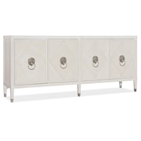 Transitional Four Door TV Stand with Power Outlets and Decorative Lion's Head Ring Hardware