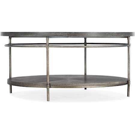 Transitional Metal and Wood Round Cocktail Table