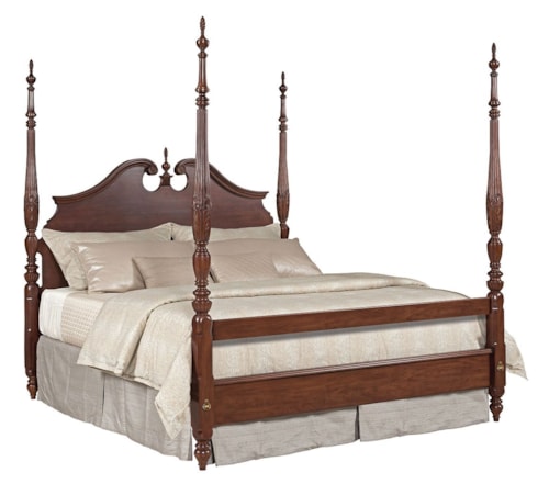 Queen Rice Carved Poster Bed with Pediment Headboard and Blanket Rail Footboard