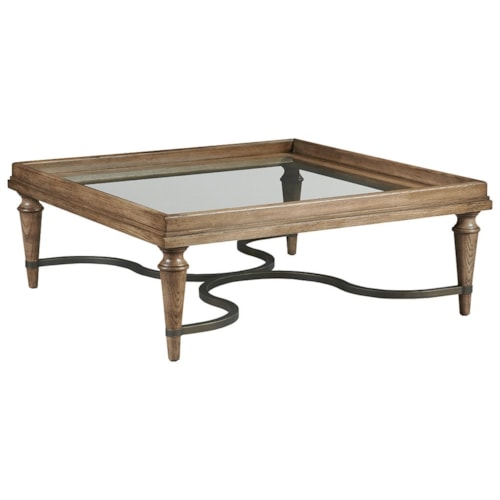 Industrial 48" Sq. Glass-Top Cocktail Table w/Metal Stretcher