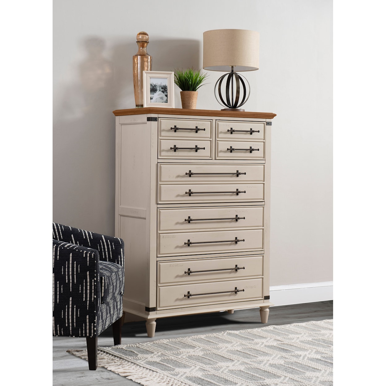 John Thomas Farmhouse Chic 5 Drawer Chest in Bourbon & Biscuit