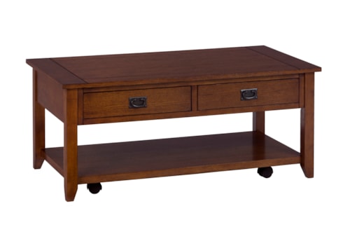 Transitional Castered Cocktail Table with 2 Pull-Thru Drawers