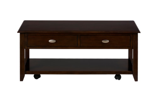 Transitional Castered Cocktail Table with 2 Pull-Thru Drawers