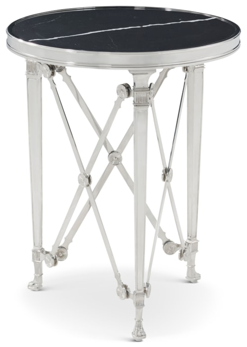 Contemporary Round Nickel Side Table with Black Quartz Top