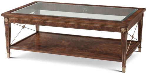 Traditional Glass-Top Cocktail Table with Rosette Capitals & Brass Stretchers