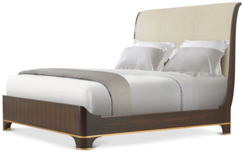 Transitional Upholstered King Sleigh Bed with Brass Trim