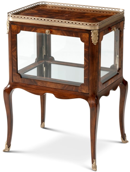 Traditional Brass-Gallery Side Table with Mirror Base Drop-Shelf