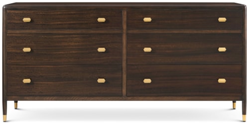 Transitional Six-Drawer Dresser with Brass-Capped Legs