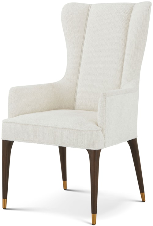 Transitional Upholstered Wing-Back Dining Arm Chair with Brass-Capped Feet