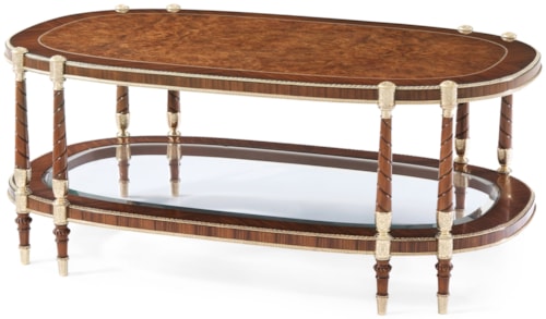Traditional Ovate Brass-Molded Cocktail Table with Glass Insert Shelf