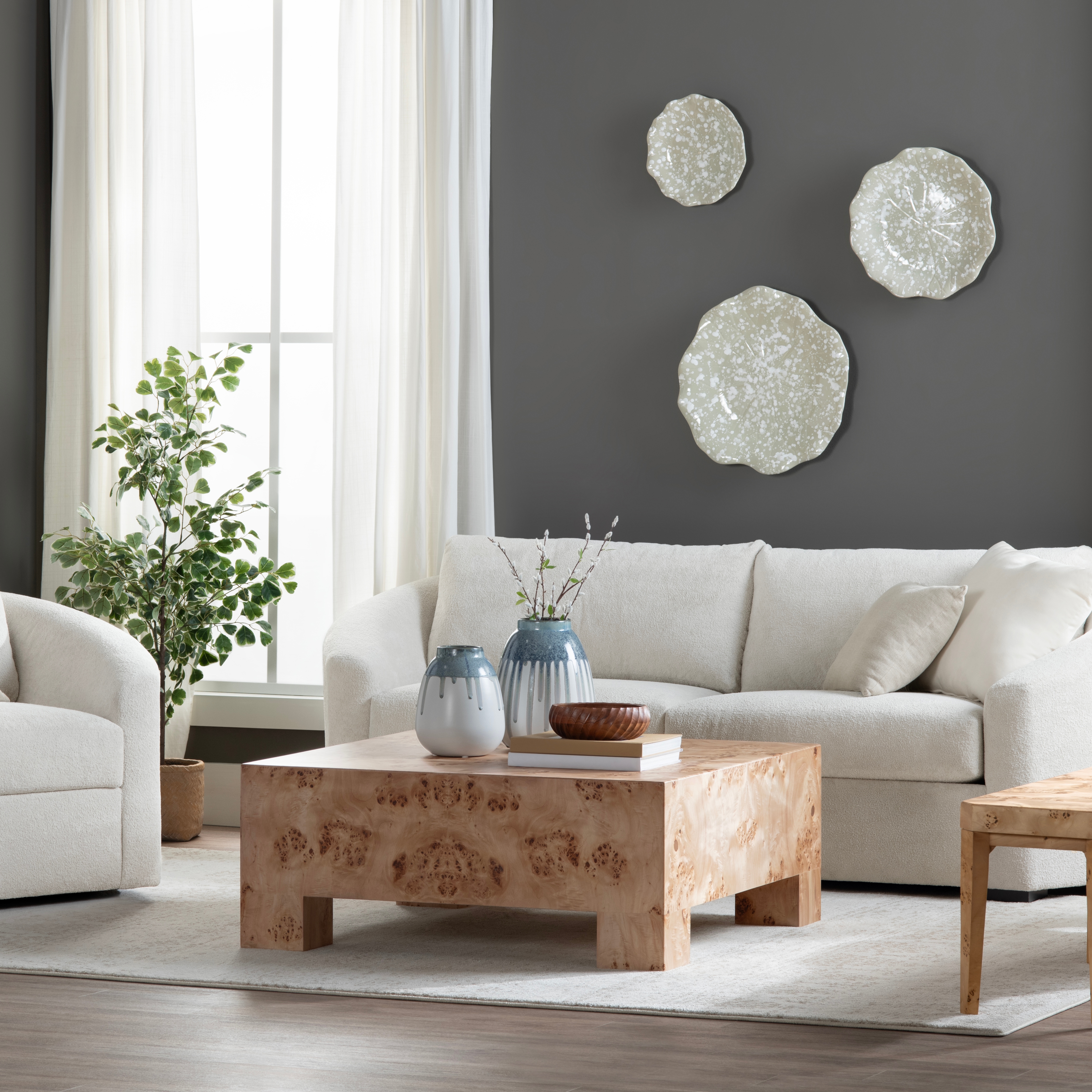 Square Poplar Burl Coffee Table w/Block Feet