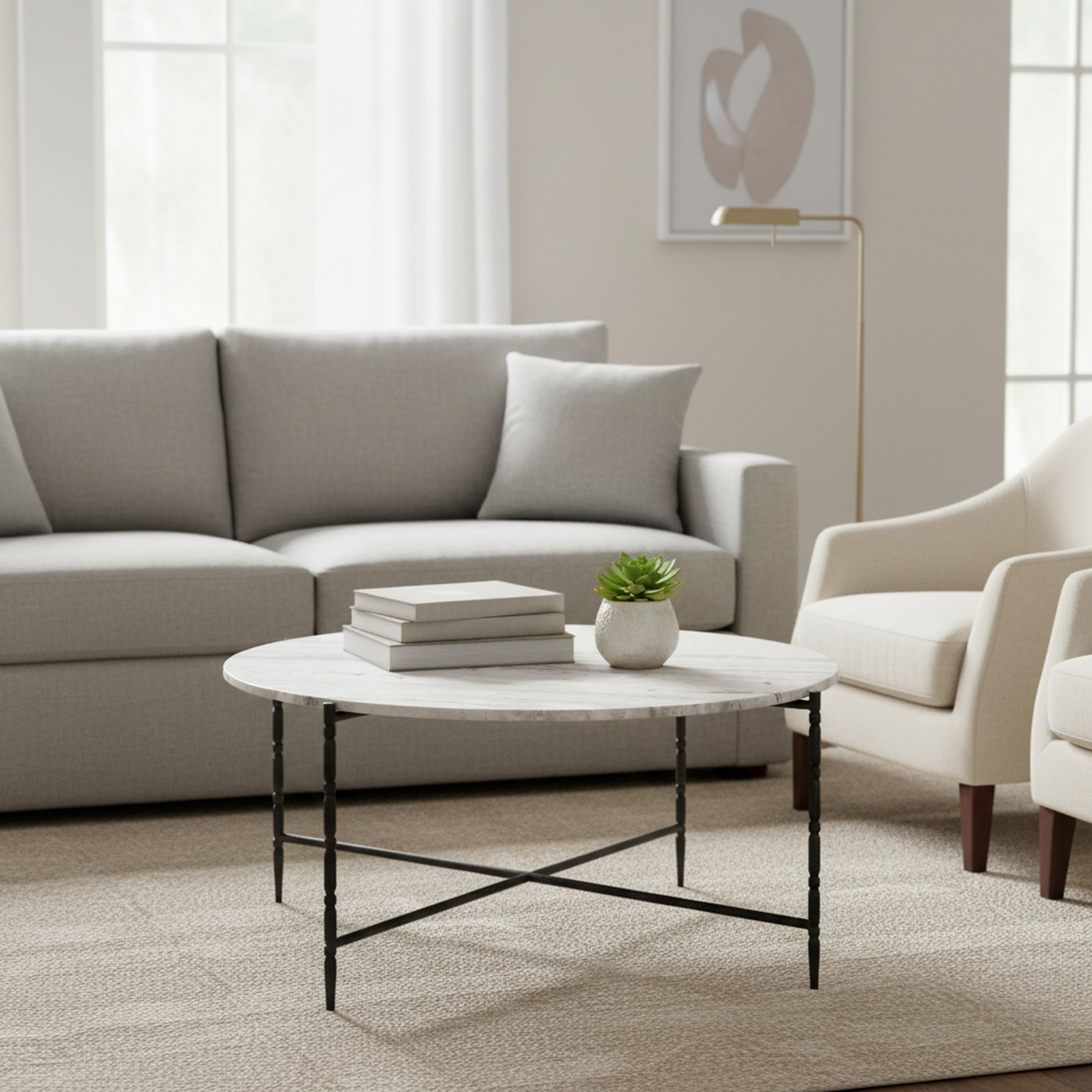 36" Rd. White Marble-Top Cocktail Table