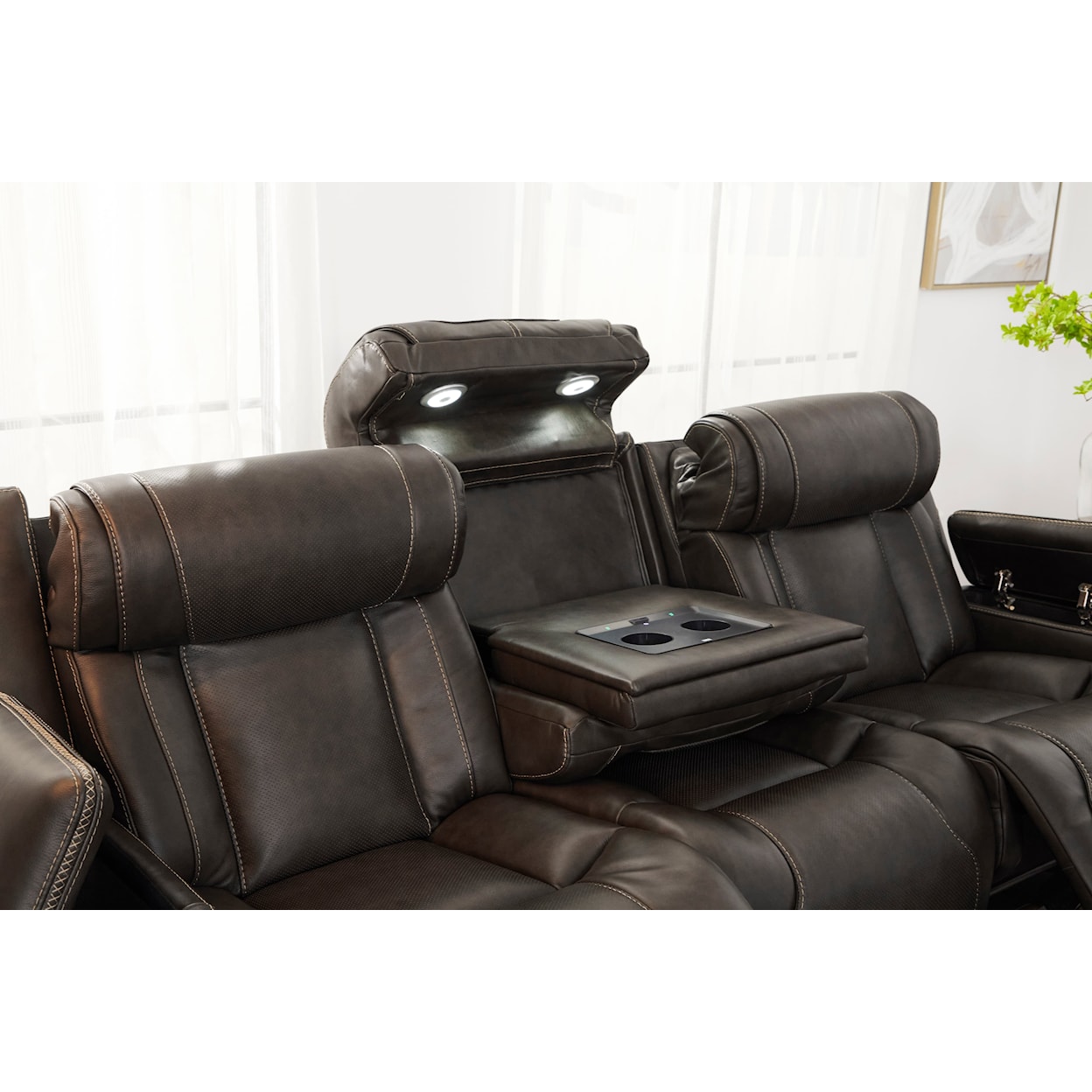 Kuka Home 615 Transformer Leather Collection 6153 Charcoal Leather Dual Power Sofa