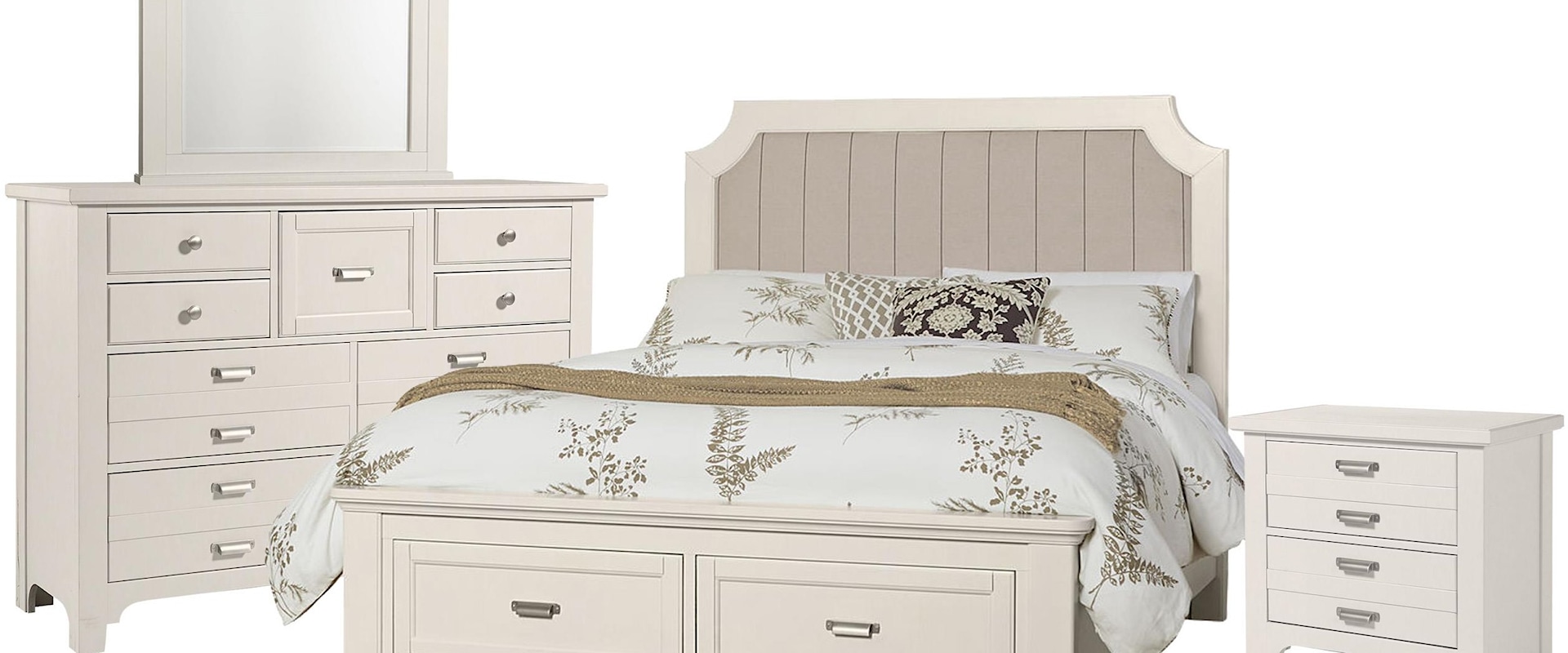 Queen Upholstered Storage Bed, 9 Drawer Dresser, Master Arch Mirror, 2 Drawer Nightstand