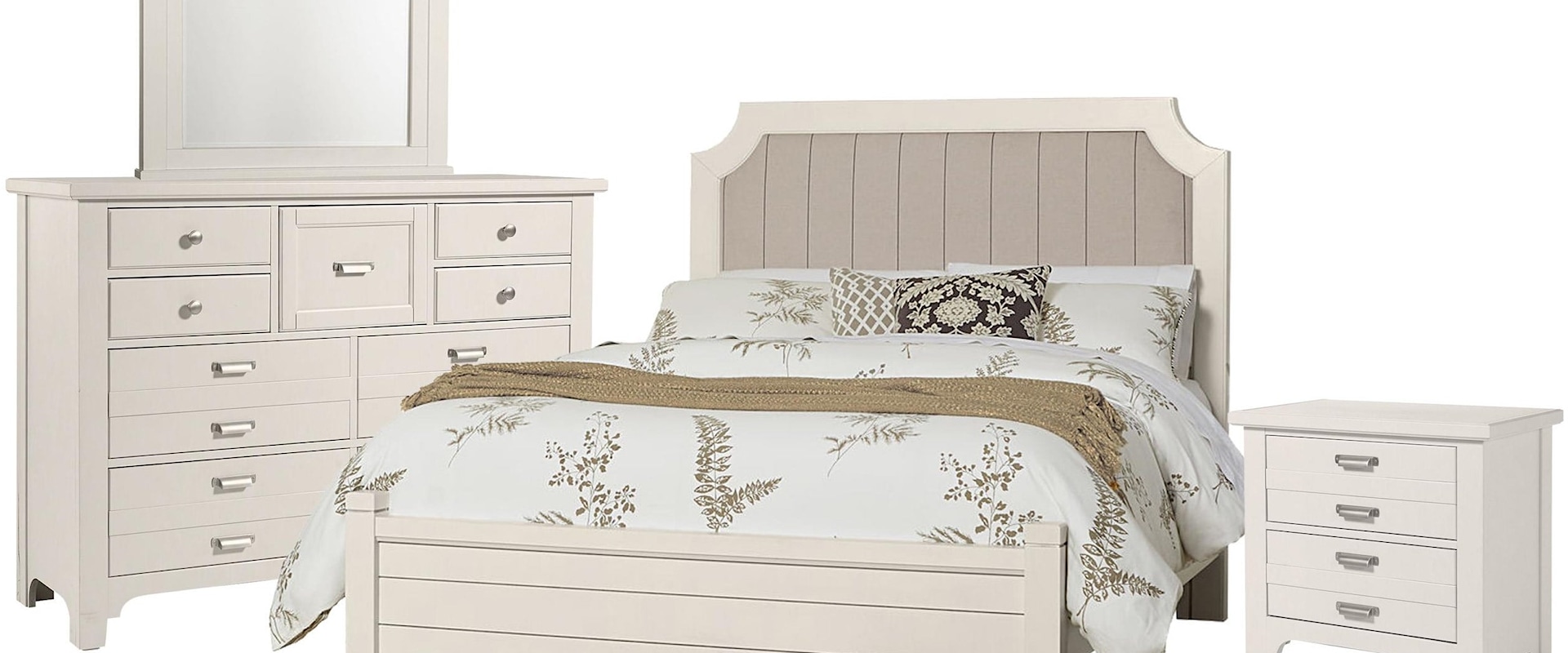 King Upholstered Bed, 9 Drawer Dresser, Master Arch Mirror, 2 Drawer Nightstand