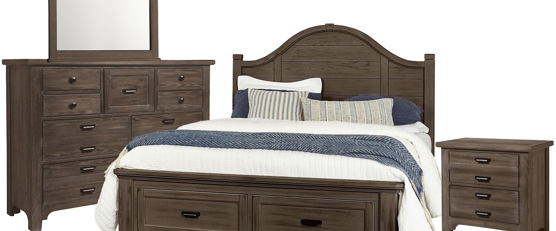 Queen Arch Storage Bed, 9 Drawer Dresser, Master Landscape Mirror, 2 Drawer Nightstand