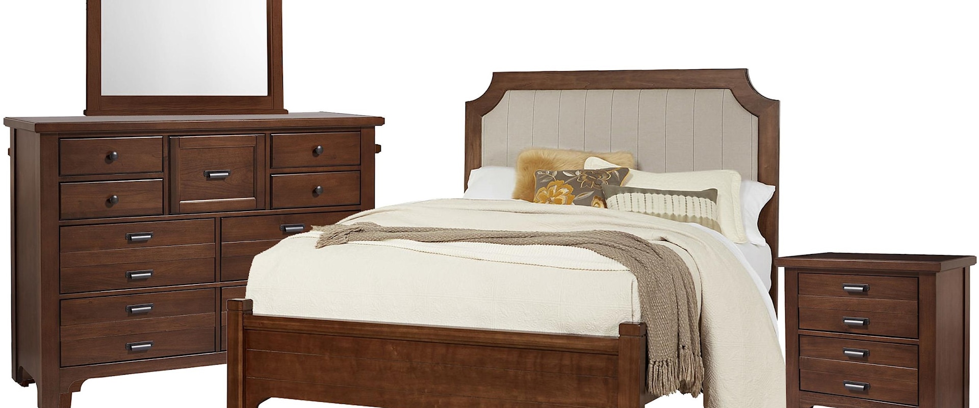 King Upholstered Bed, 9 Drawer Dresser, Master Landscape Mirror, 2 Drawer Nightstand