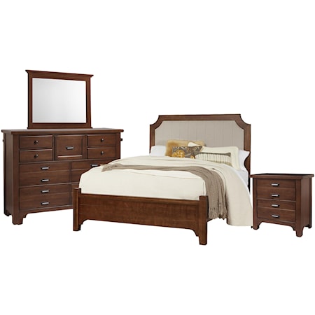 King Upholstered  Bed, Dresser, Mirror, Nigh