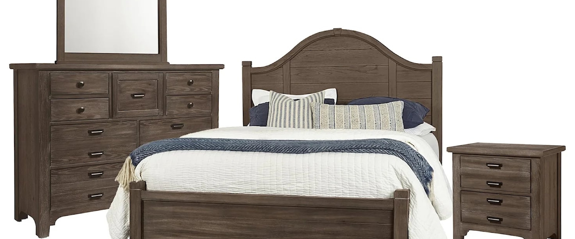 Queen Arch Bed, Dresser, Mirror & Nightstand
