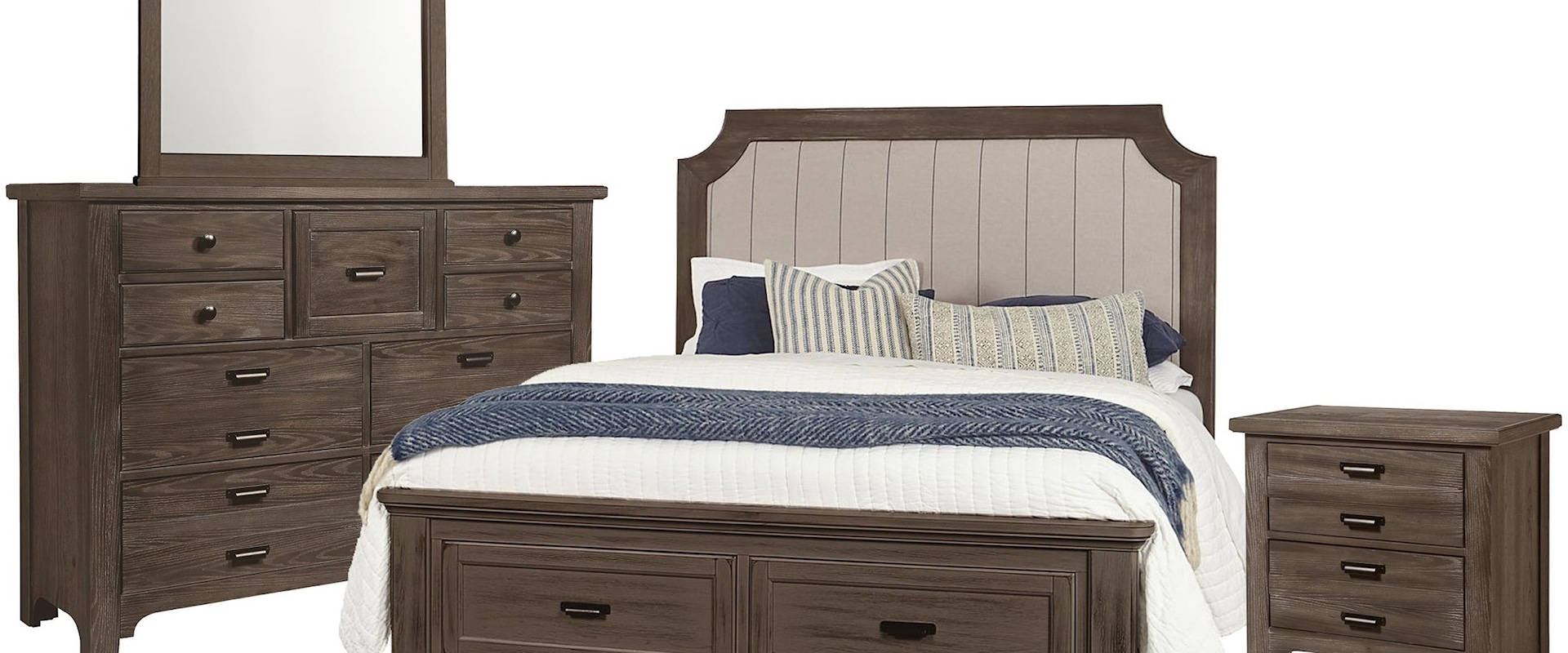 King Upholstered Storage Bed, 9 Drawer Dresser, Master Landscape Mirror, 2 Drawer Nightstand