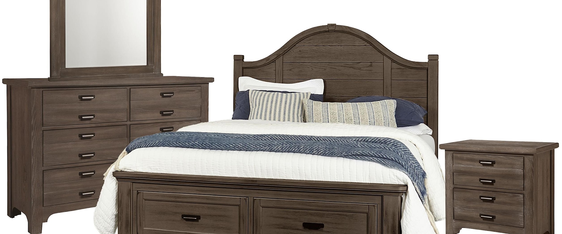 King Arch Storage Bed, Double Dresser, Arch Mirror, 2 Drawer Nightstand