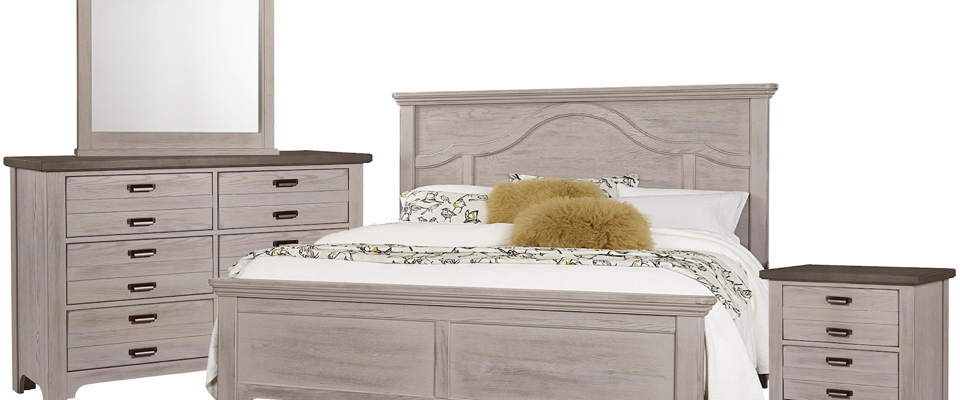 King Mantel Bed, Double Dresser, Landscape Mirror, 2 Drawer Nightstand