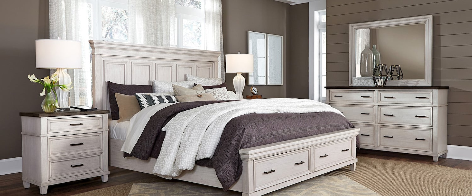 Queen Storage Panel Bed, Dresser, Mirror, & Nightstand