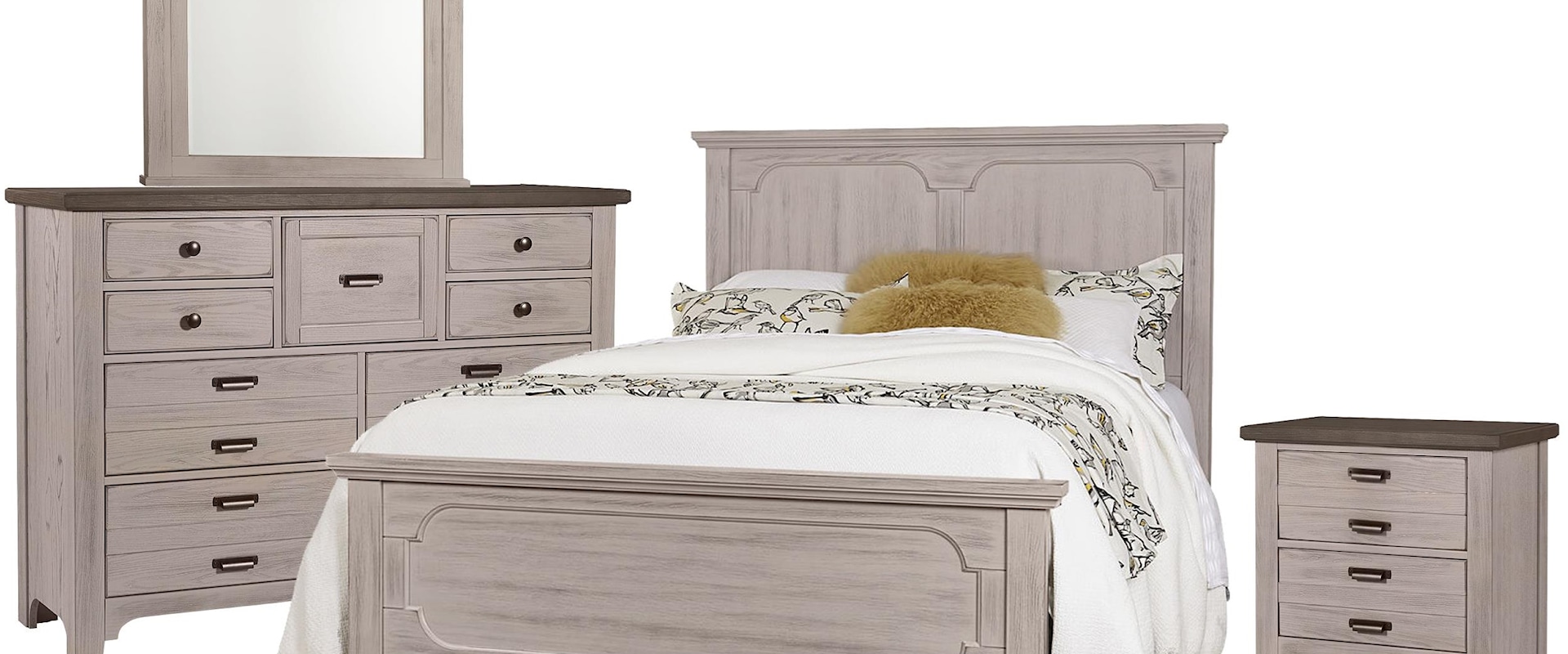 Queen Panel Bed, 9 Drawer Dresser, Master Arch Mirror, 2 Drawer Nightstand