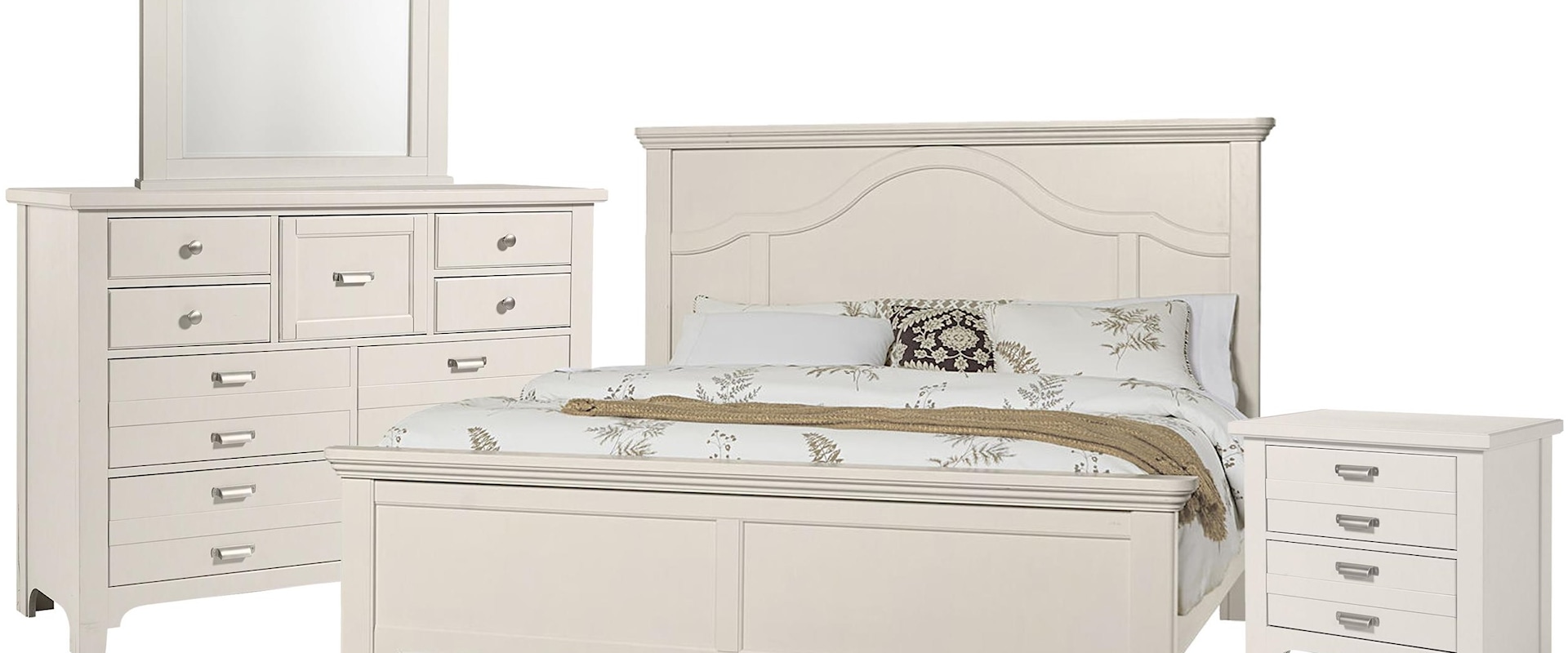 Queen Mantel Bed, 9 Drawer Dresser, Master Arch Mirror, 2 Drawer Nightstand