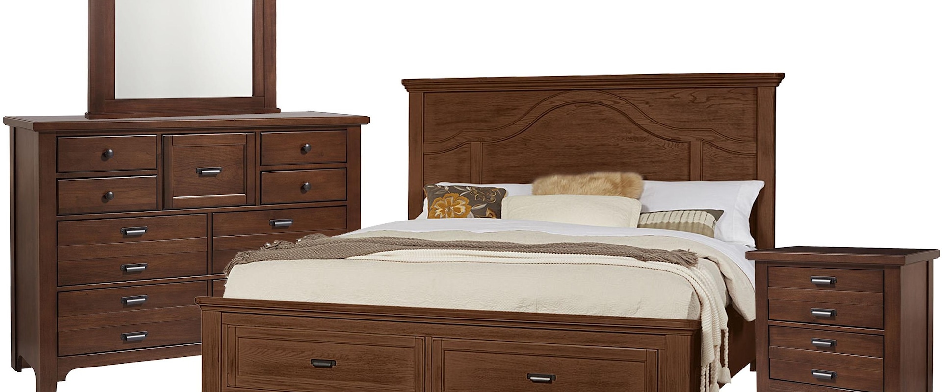 Queen Mantel Storage Bed, 9 Drawer Dresser, Master Arch Mirror, 2 Drawer Nightstand