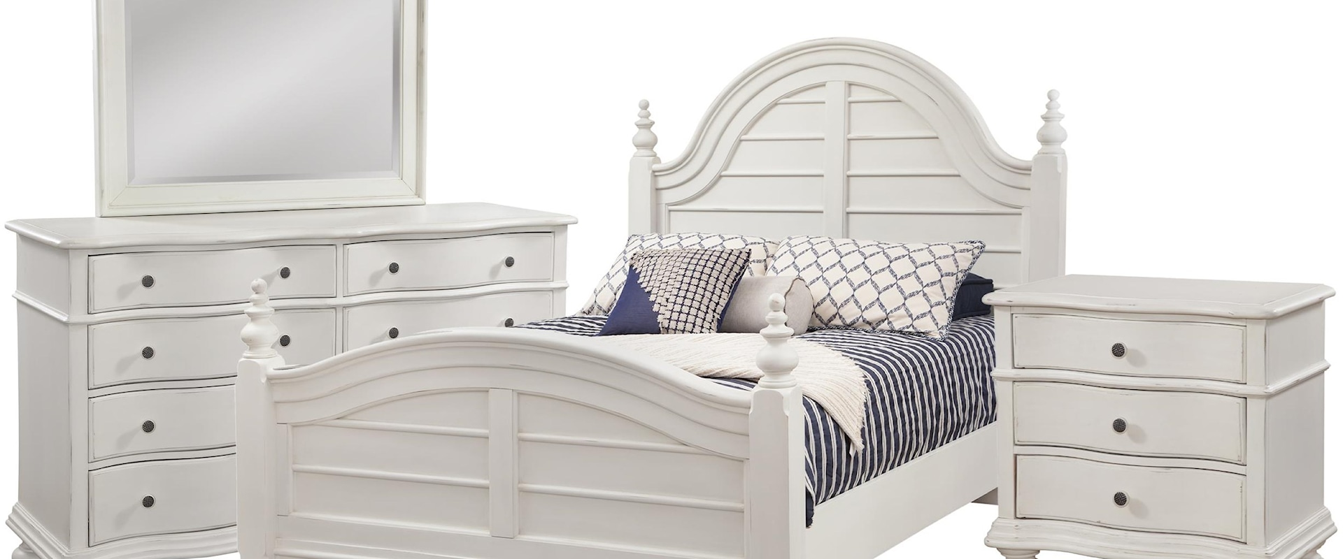 Queen Poster Bed, 8 Drawer Dresser, Landscape Mirror, 3 Drawer Nightstand