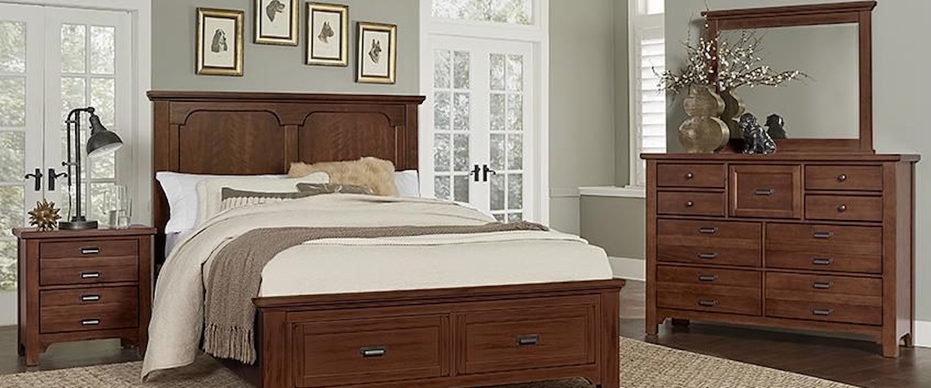 Queen Panel Storage Bed, 9 Drawer Dresser, Master Landscape Mirror, 2 Drawer Nightstand