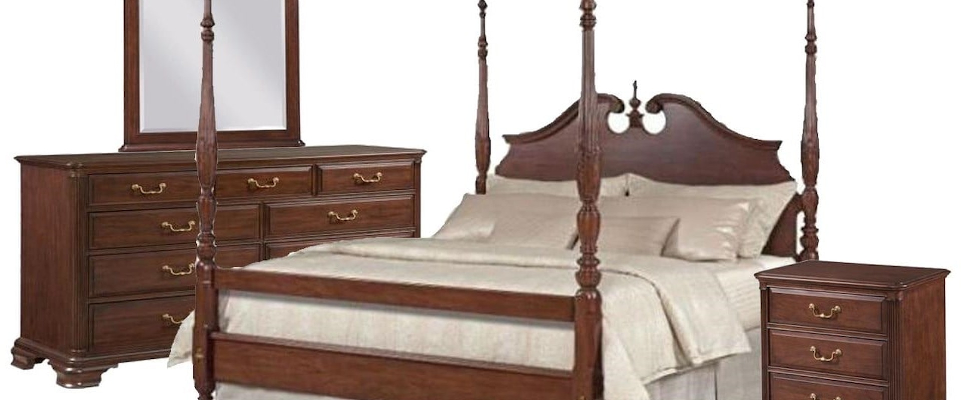 King Rice Carved Bed, Dresser Mirror, & Nightstand