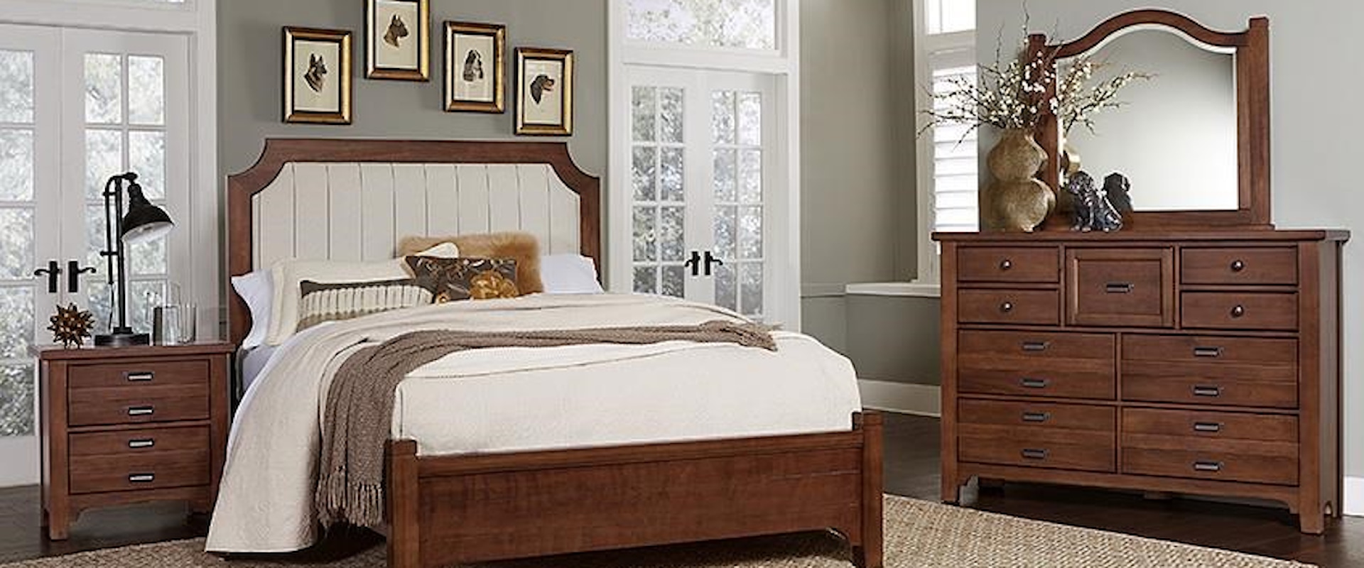 Queen Upholstered Bed, 9 Drawer Dresser, Master Arch Mirror, 2 Drawer Nightstand