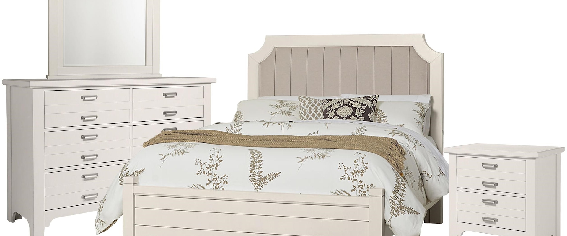 Queen Upholstered Bed, Double Dresser, Arch Mirror, 2 Drawer Nightstand